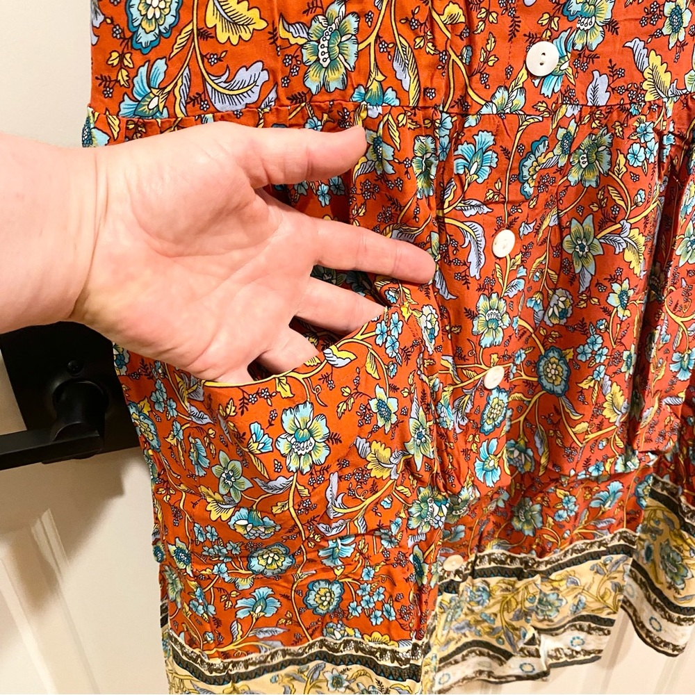 Floral Button Down V-Neck Short Sleeve Mini Dress NWT Medium Crimson Red Combo - Picture 11 of 13